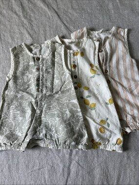 Linen Baby Sleeveless Cotton Romper in Sage, Lemon Print, and Beige Stripe